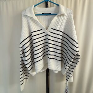 French Connection V-Neck Sweater White and Black Striped